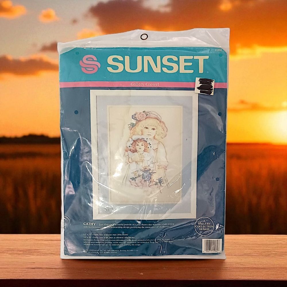 Sunset Crewel Kit Jan Hagara CATHY Little Girl Holding A Doll Cottage Vintage